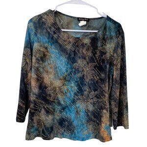 Brittany Black Top Womens Glitter Floral Blue Brown Sz M Forest Fairy Whimsy Y2K